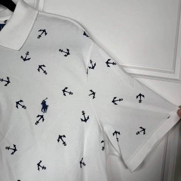 Polo Ralph Lauren Polo Shirt Mens Large White Anchor Print Classic Fit Stretch - Picture 4 of 7